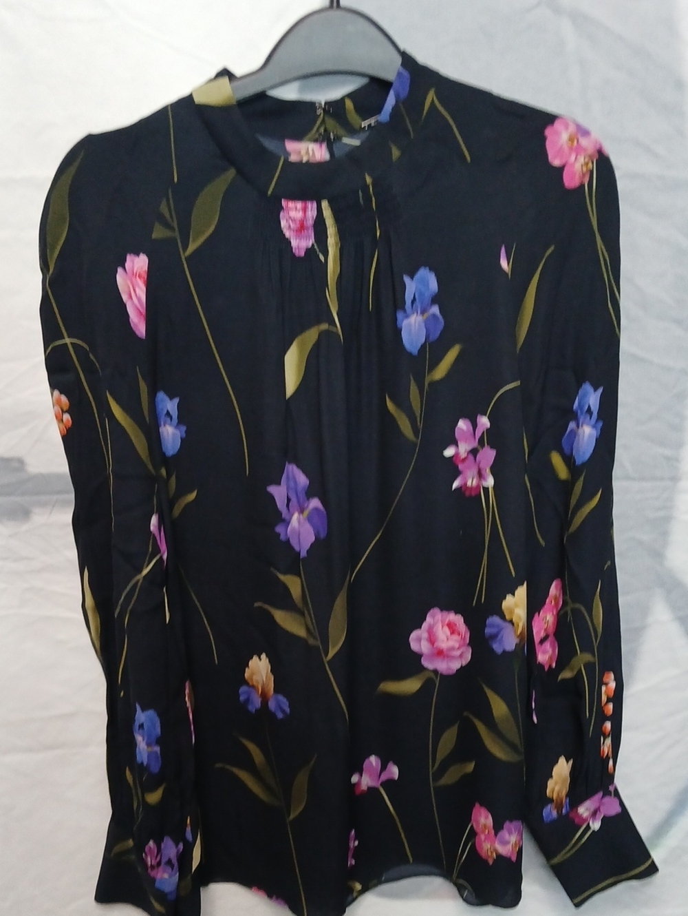 Elie Tahari Black Floral Long-Sleeve Mock Neck Blouse